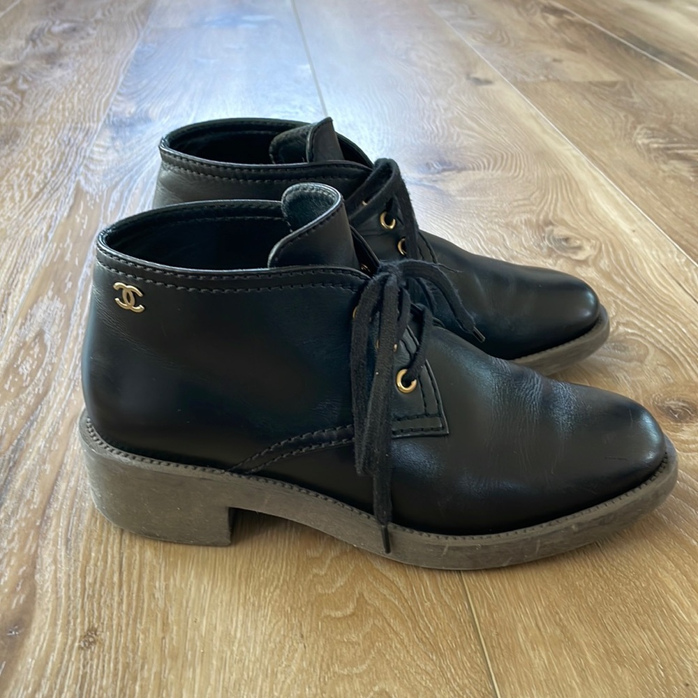 Chanel Black Leather Lace Up Ankle Boots